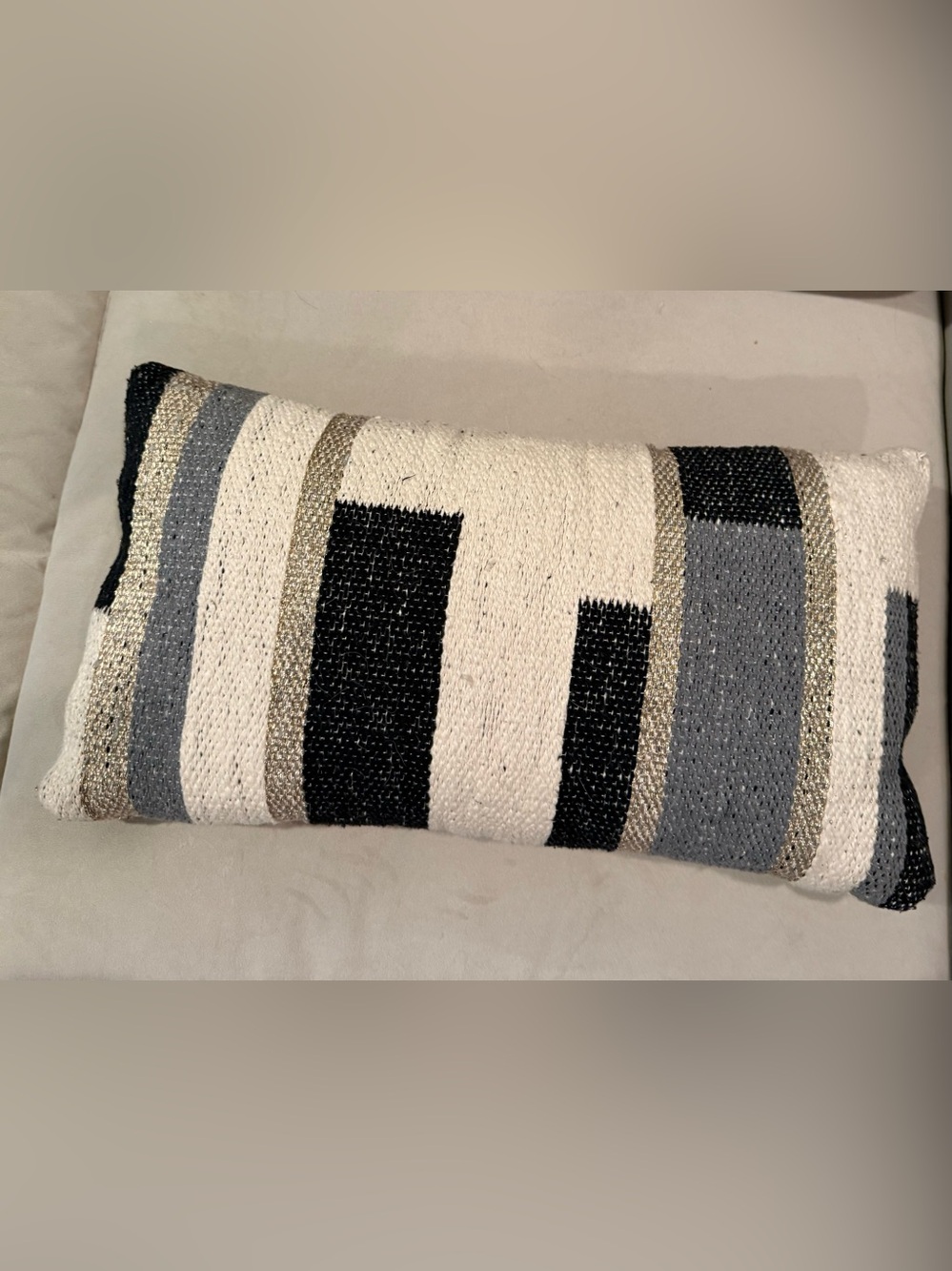 Designer Striped Decorative Lumbar Pillow - Black, ivory, gold & Silver